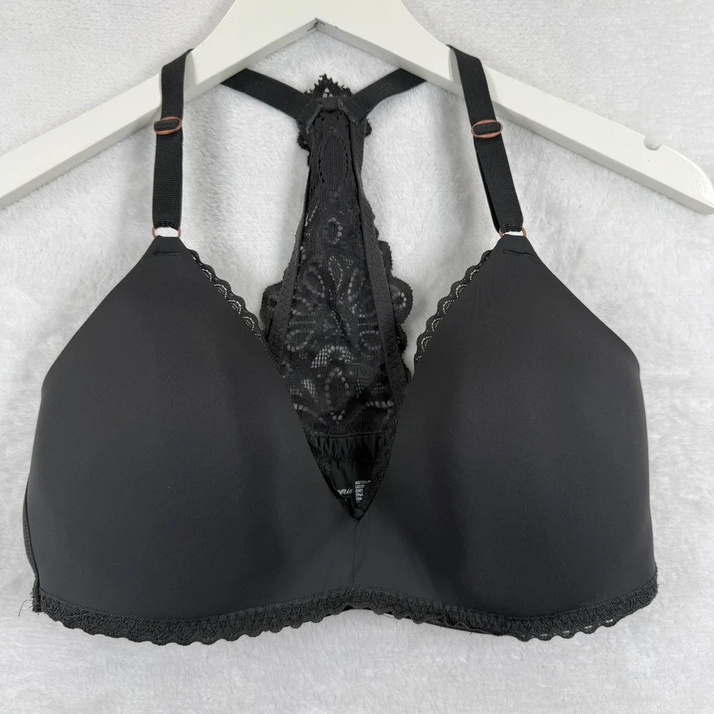 Aerie Everyday‎ Wireless Racerback Bra 36D Black Floral Lace Back Rose Gold 7225
